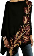 Women’s Boat Neck Loose Long Sleeve Top with Artistic Floral Embroidery Sequin and Print Designs Casual Elegant Blouse