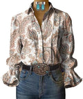 Women's V Neck Ruffle Flare Sleeve Western Top Paisley Floral Print Loose Casual Boho Cowboy Style Blouse Shirt