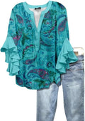 Women's 3/4 Ruffled Sleeve V-Neck Blouse, Floral/Paisley Print Casual Tunic Top, Lightweight Loose Fit Daily Wear Shirt