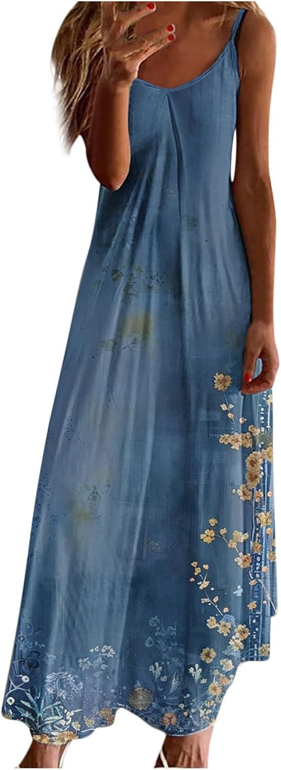 Summer Boho Floral Dresses for Women 2025 Casual A Line Spaghetti Strap V Neck Maxi Sundress Beach Vacation Clothes