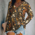 Women's Long Sleeve V-Neck Shirt with Floral Print, Loose Fit, Autumn Fall Aesthetic Top
