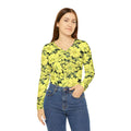 Women's Long Sleeve V-neck Shirt with Yellow Cosmos Floral Print on Black