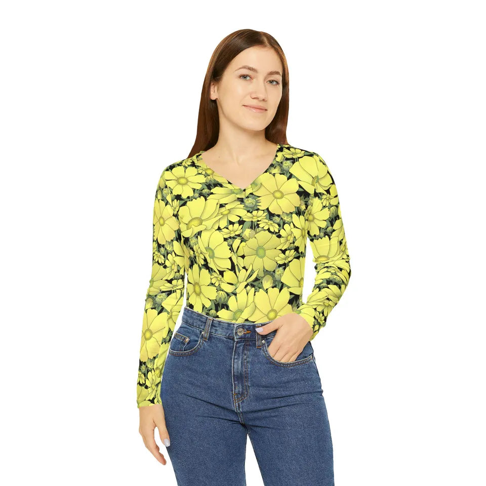 Women's Long Sleeve V-neck Shirt with Yellow Cosmos Floral Print on Black