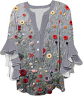Women's Casual Boho Floral Print Tops Loose V Neck 3/4 Wave Bell Sleeve Flowy Shirts Summer Blouses for Women