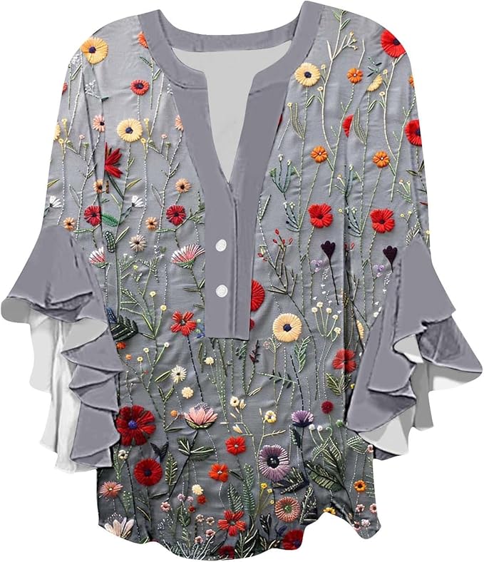 Women's Casual Boho Floral Print Tops Loose V Neck 3/4 Wave Bell Sleeve Flowy Shirts Summer Blouses for Women