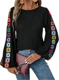 Verdusa Women's Colorful Floral Crewneck Lantern Long Sleeve Ribbed Knit T Shirts Going Out Tops