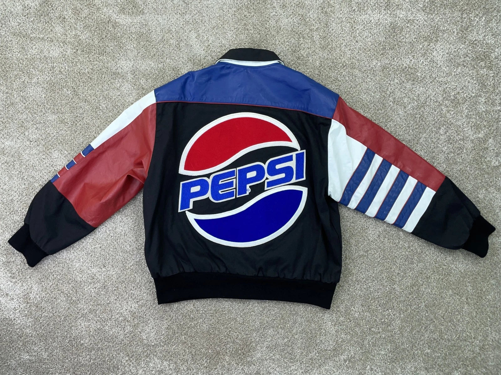 VTG Jeff Hamilton Jacket Men Medium Pepsi Bomber Jacket Leather Denim - Made USA