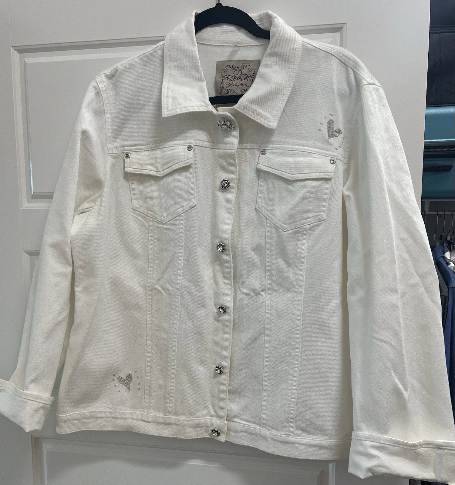 Brighton White Denim Jacket Metallic Silver HEART Rhinestone Snaps XL 1X 2X