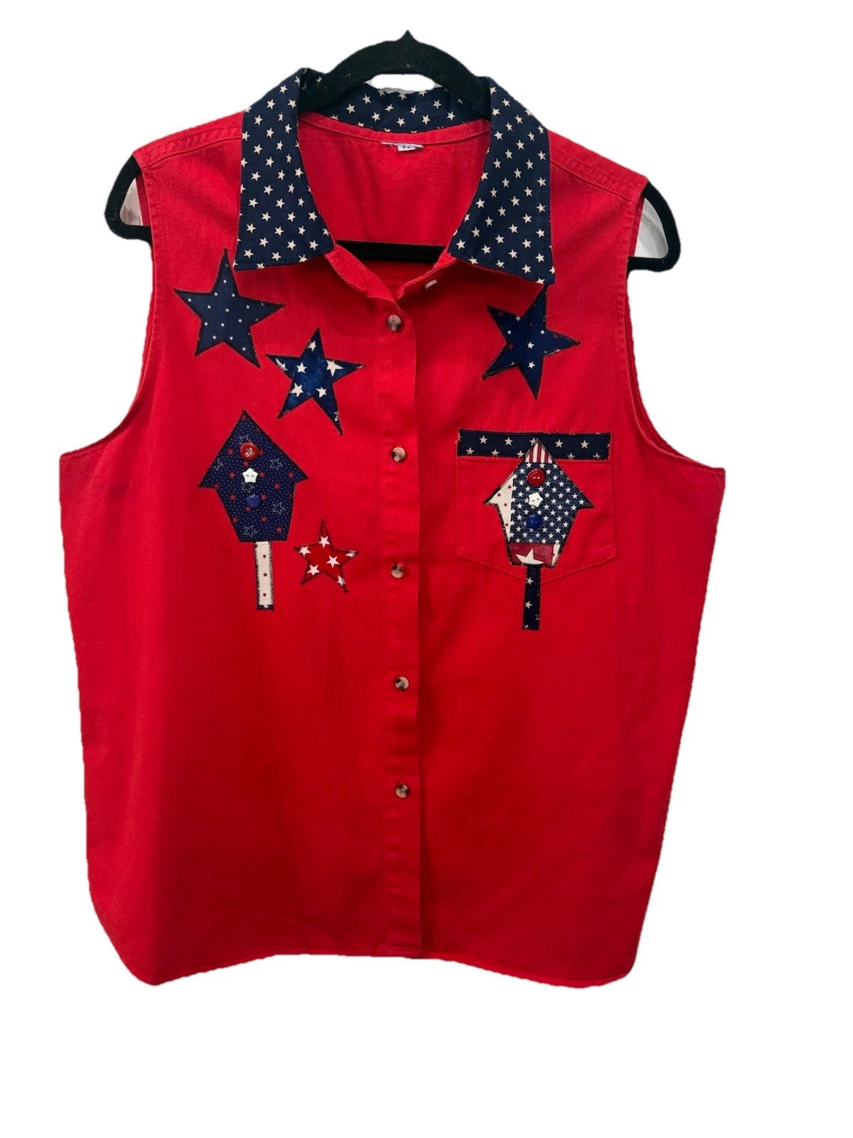 Womens XL Denim Sleeveless Patriotic July 4thButton Down Red Top Cottagecore