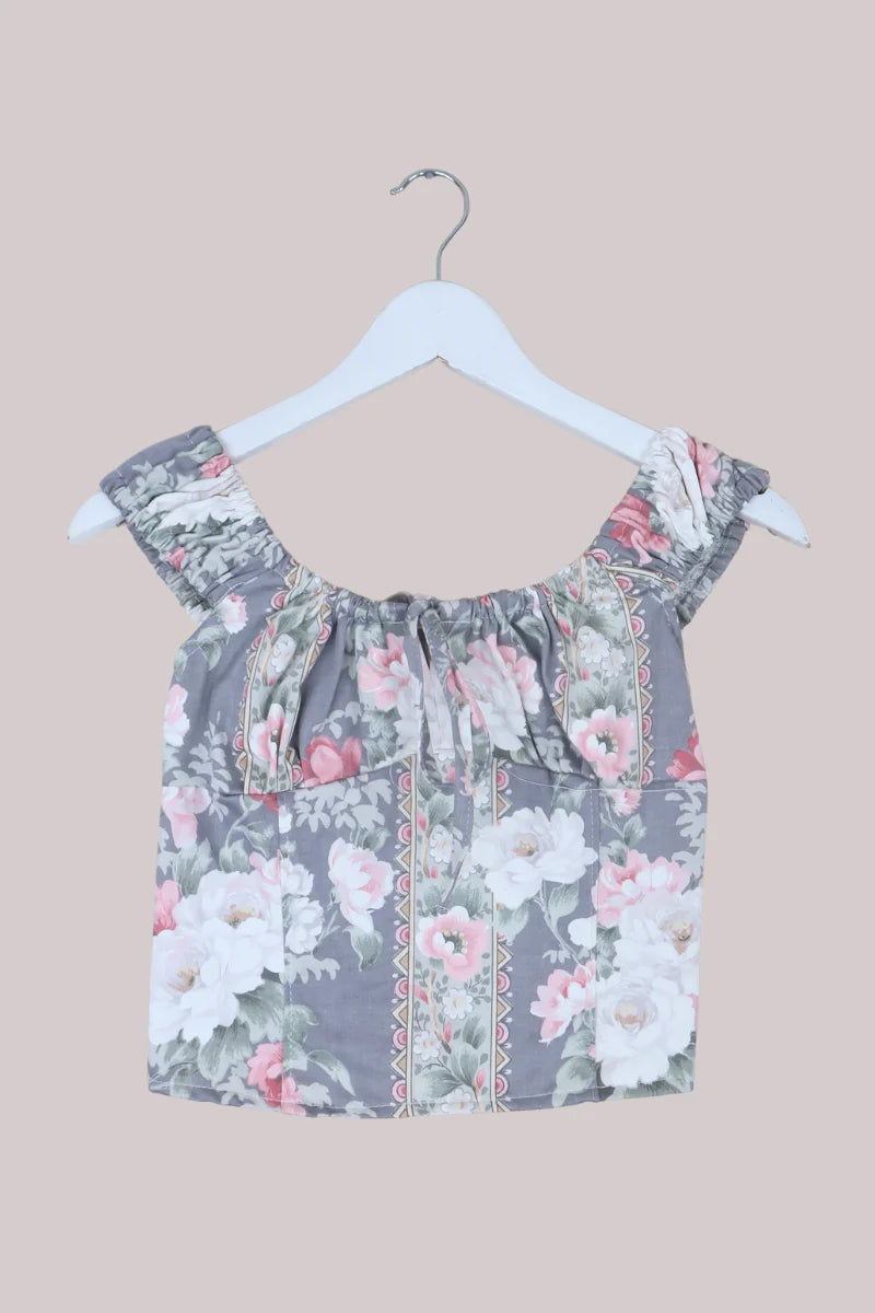 Taylor Vintage Curtain Bustier Crop Top in Luna Light Purple Peonies - Size S