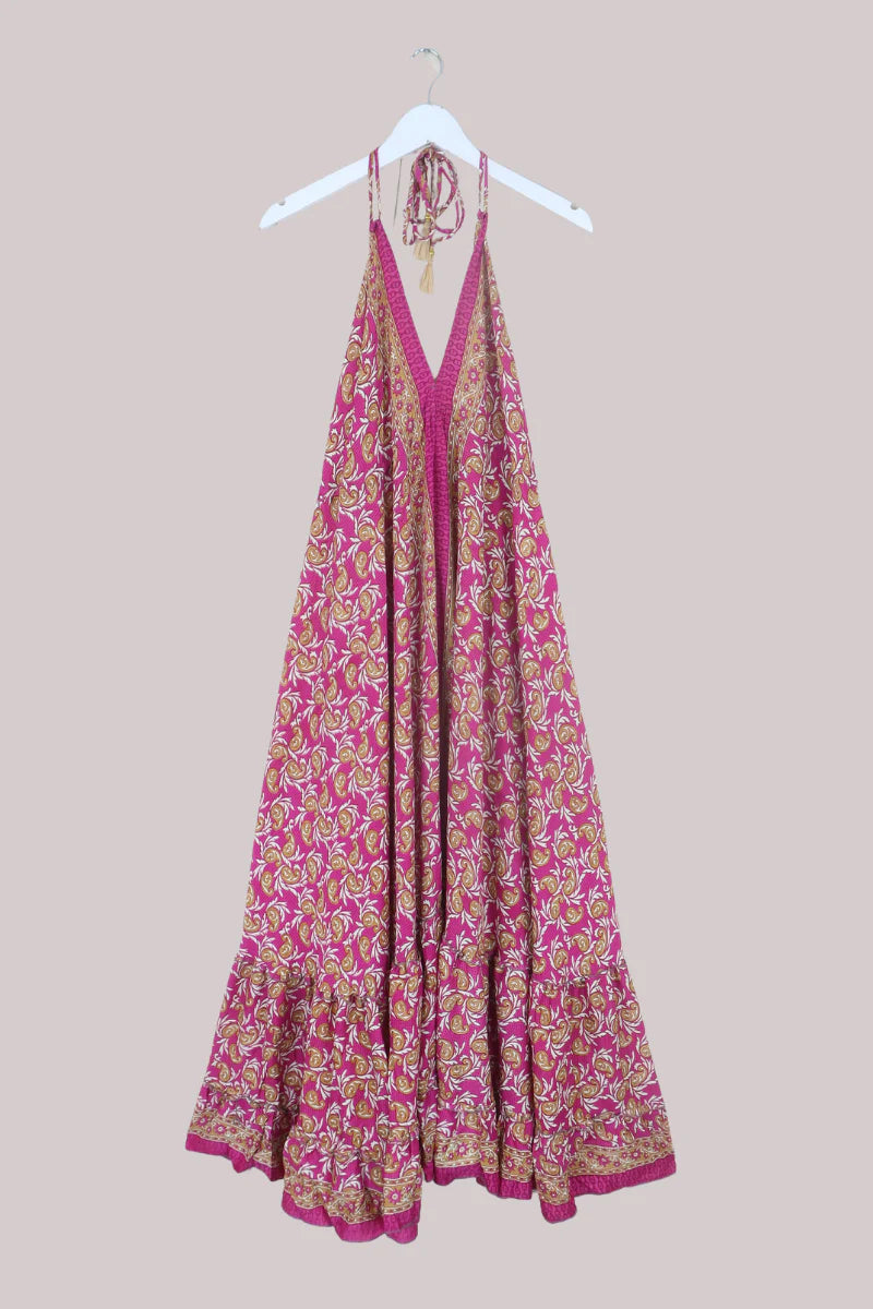 Blossom Halter Maxi Dress in Magenta Gold Paisley - Free Size S/M